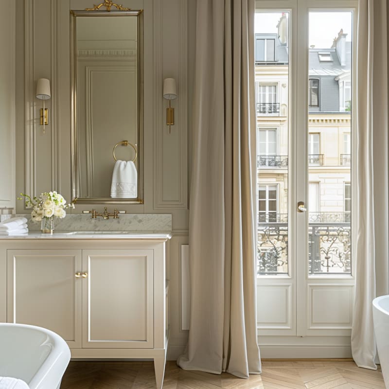 Luxurious Parisian bathroom with marble vanity, gold accents, floor-to-ceiling windows, and fresh flowers