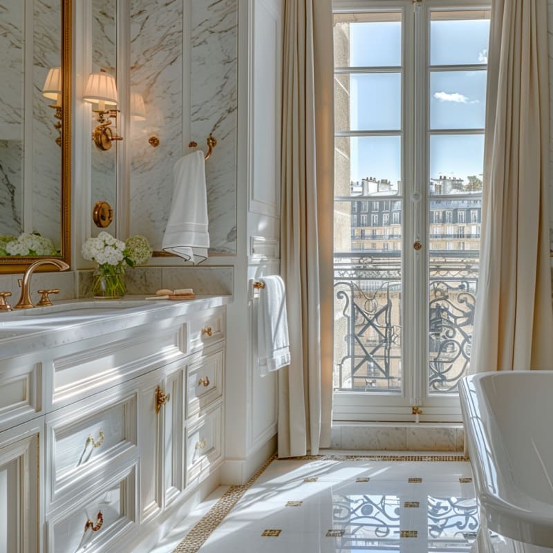 Luxurious Parisian bathroom with marble walls, brass fixtures, custom vanity, and floor-to-ceiling windows overlooking classic balcony