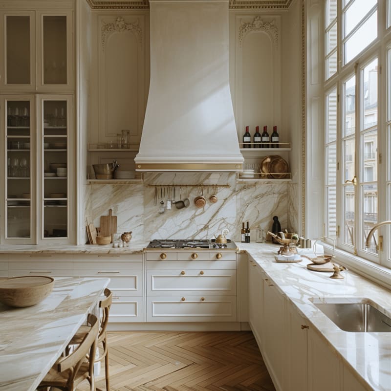 Luxurious Parisian kitchen with marble backsplash, brass hardware, custom cabinetry, and floor-to-ceiling windows overlooking classic architecture