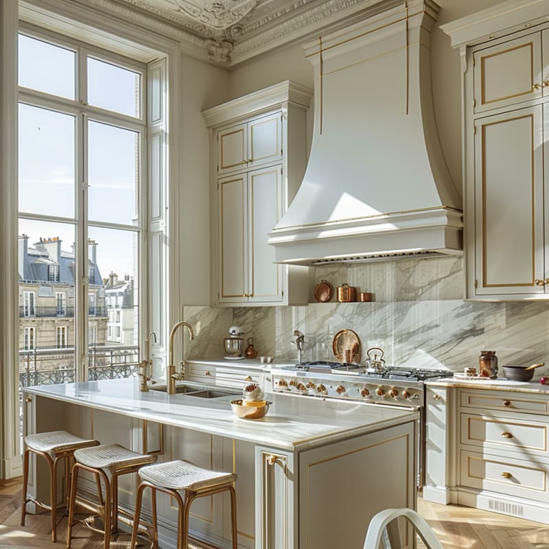 Luxurious Parisian kitchen with marble backsplash, cream cabinets, gold accents, and professional range overlooking classic architecture