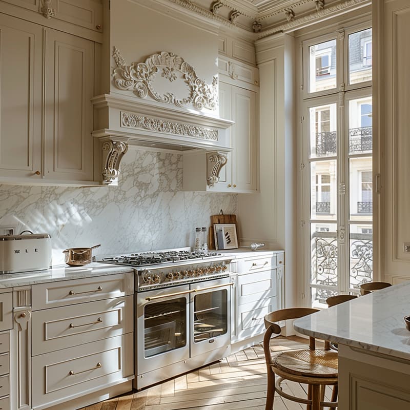 Luxurious Parisian kitchen with ornate carved hood, marble backsplash, professional range, and herringbone floors in cream and gold