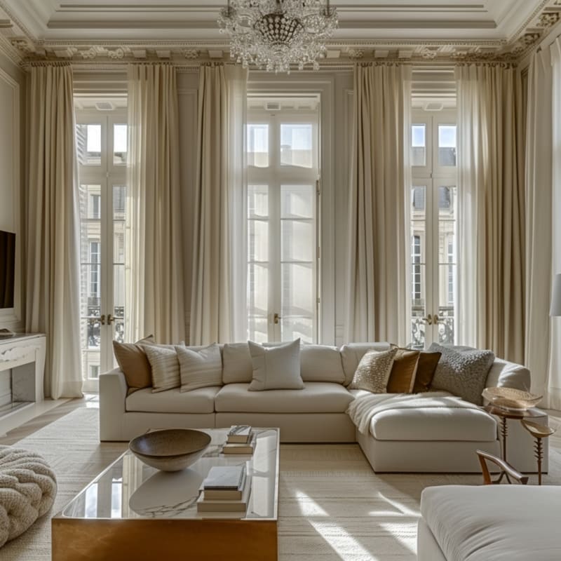 Luxurious Parisian living room with crystal chandelier, floor-to-ceiling windows, and oversized sectional sofa in cream tones