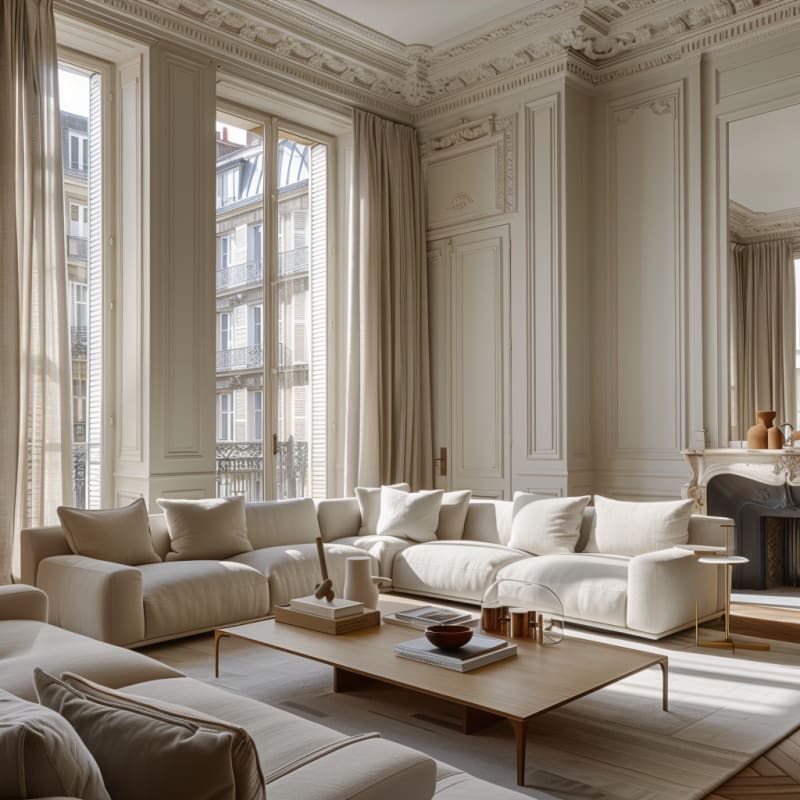 Luxurious Parisian living room with oversized white sectional sofa, floor-to-ceiling windows, and classical moldings in natural light