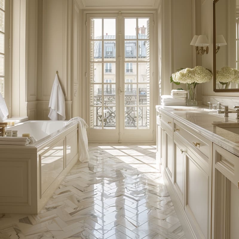 Luxurious white marble Parisian bathroom with French windows, herringbone floors, and elegant vanity bathed in natural light
