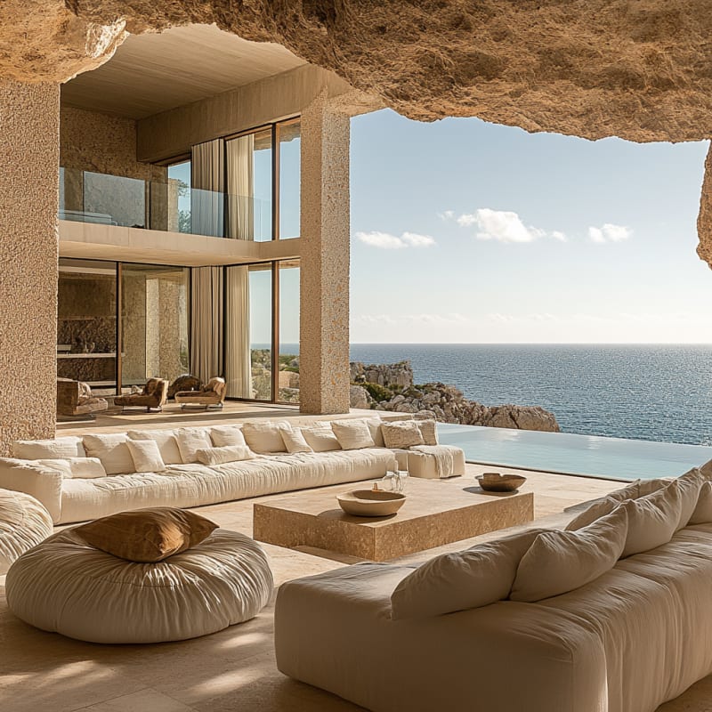 Luxury cliff villa living room with infinity pool overlooking Mediterranean Sea, featuring oversized cloud-like sofas and floor-to-ceiling windows