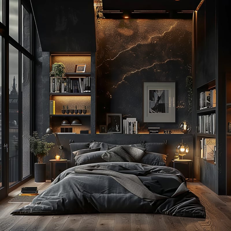 Luxury dark bedroom with black marble accent wall, built-in shelves, ambient lighting, modern minimalist design