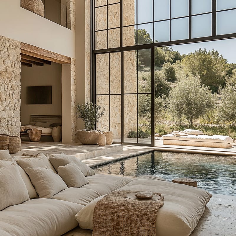 Luxury Mediterranean indoor pool room with floor-to-ceiling windows, stone walls, and oversized linen loungers overlooking olive trees