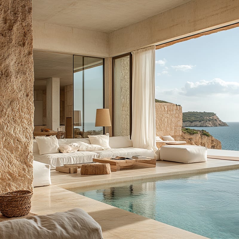 Luxury Mediterranean villa living room with infinity pool, ocean view, natural materials, and coastal modern furniture