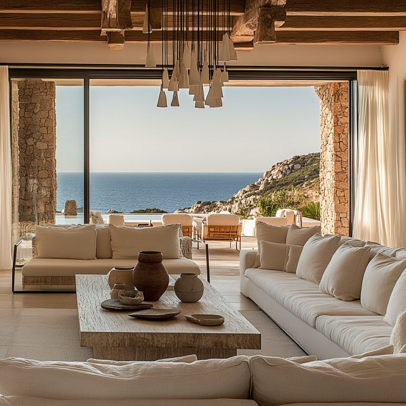 Luxury Mediterranean villa living room with panoramic ocean views, stone walls, exposed beams, and modern coastal furniture