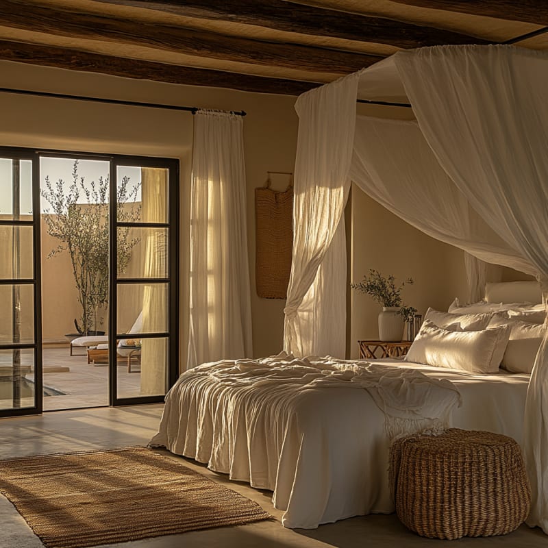 Mediterranean bedroom with canopy bed, natural textures, steel-frame doors, and golden hour sunlight
