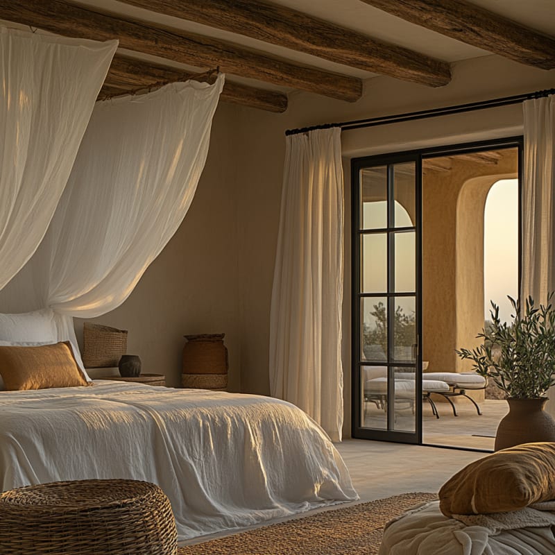 Mediterranean bedroom with exposed wooden beams, flowing curtains, natural textures, and sunset terrace views