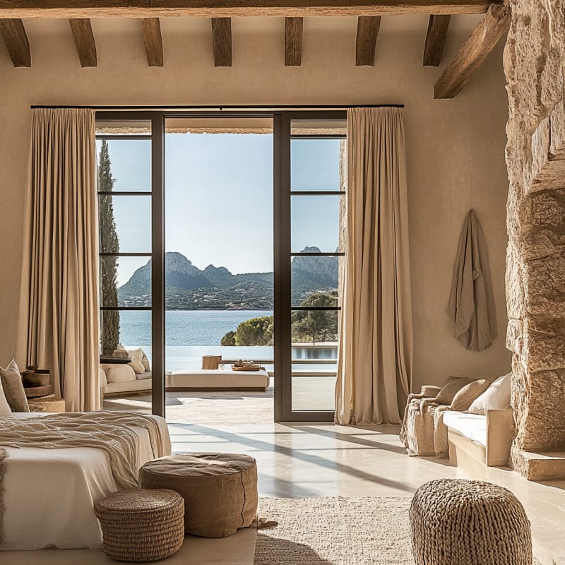 Mediterranean bedroom with ocean view, exposed wooden beams, natural textures, and indoor-outdoor living space overlooking mountain coastline