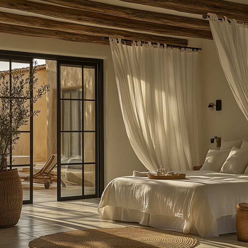 Mediterranean bedroom with steel frame doors, rustic beams, flowing curtains, and natural textures bathed in golden light