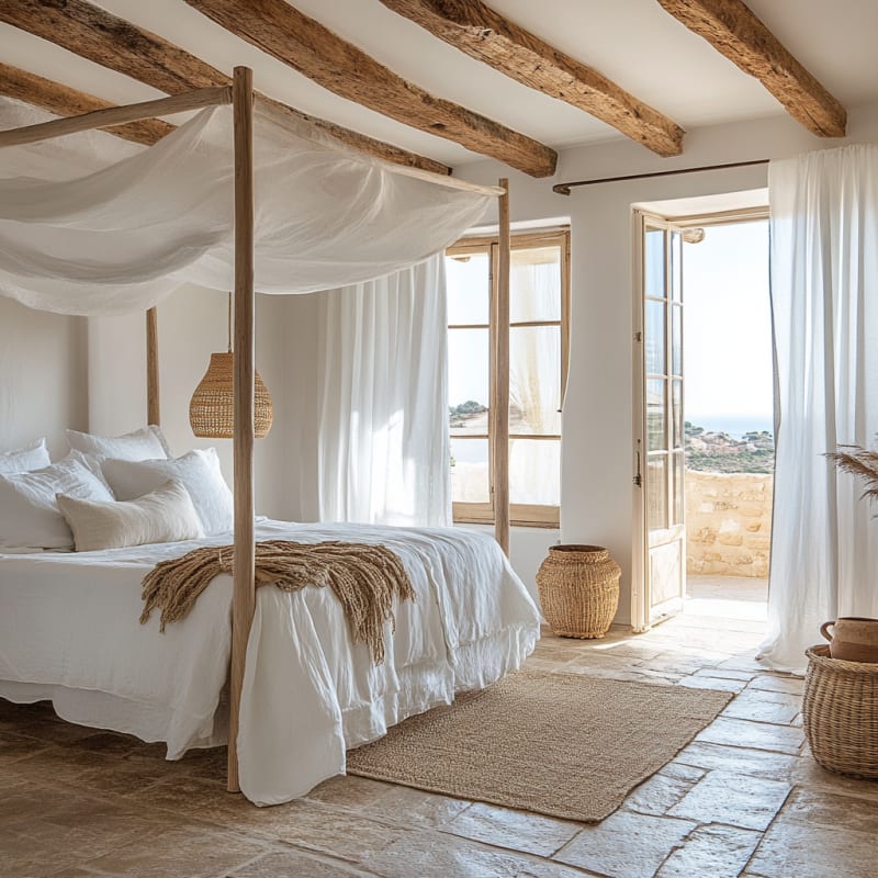 Mediterranean coastal bedroom with canopy bed, exposed wooden beams, woven decor, and ocean view through French doors