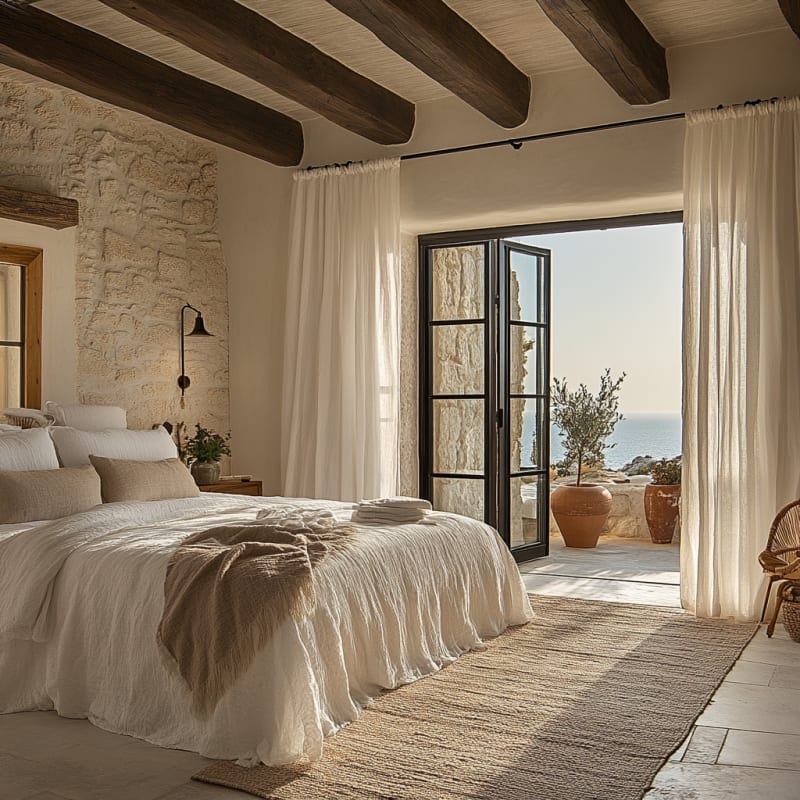 Mediterranean coastal bedroom with exposed stone walls, wooden beams, linen bedding, and ocean view through steel-framed doors