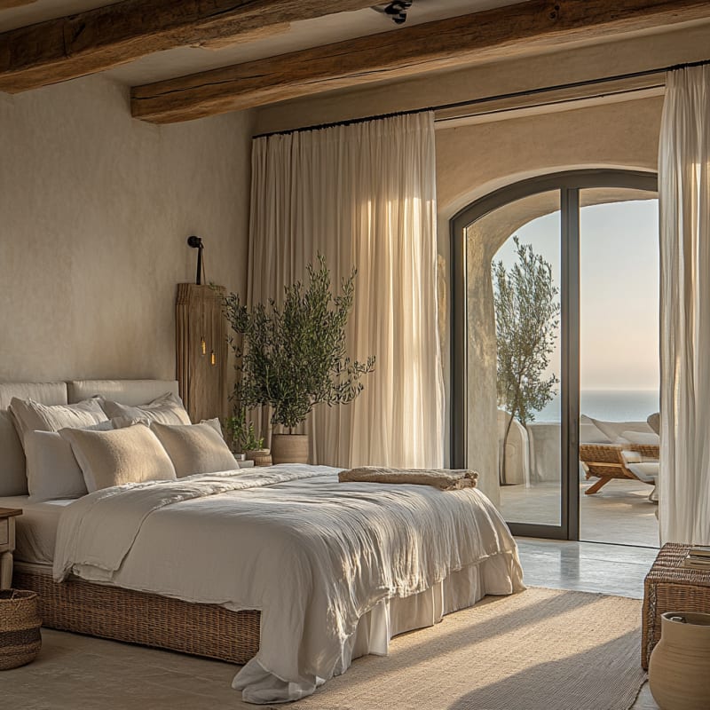 Mediterranean coastal bedroom with exposed wooden beams, arched doorway, ocean view, and natural textures in neutral palette