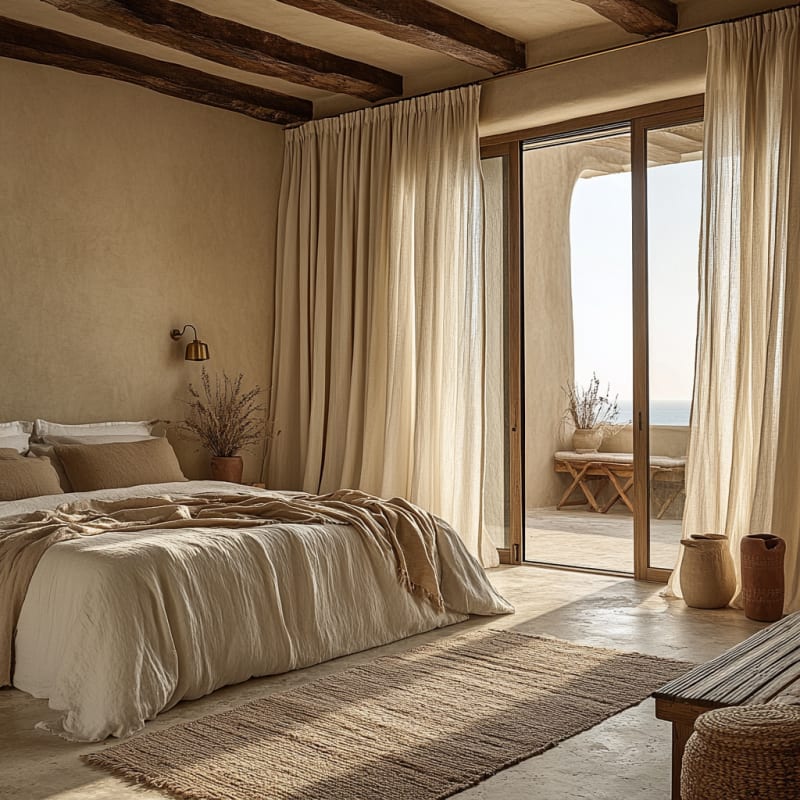 Mediterranean coastal bedroom with exposed wooden beams, natural textiles, ocean view terrace, and earthy tones