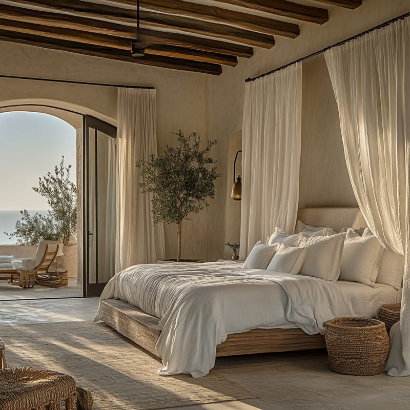 Mediterranean coastal bedroom with exposed wooden beams, olive tree, natural textiles, and ocean view terrace