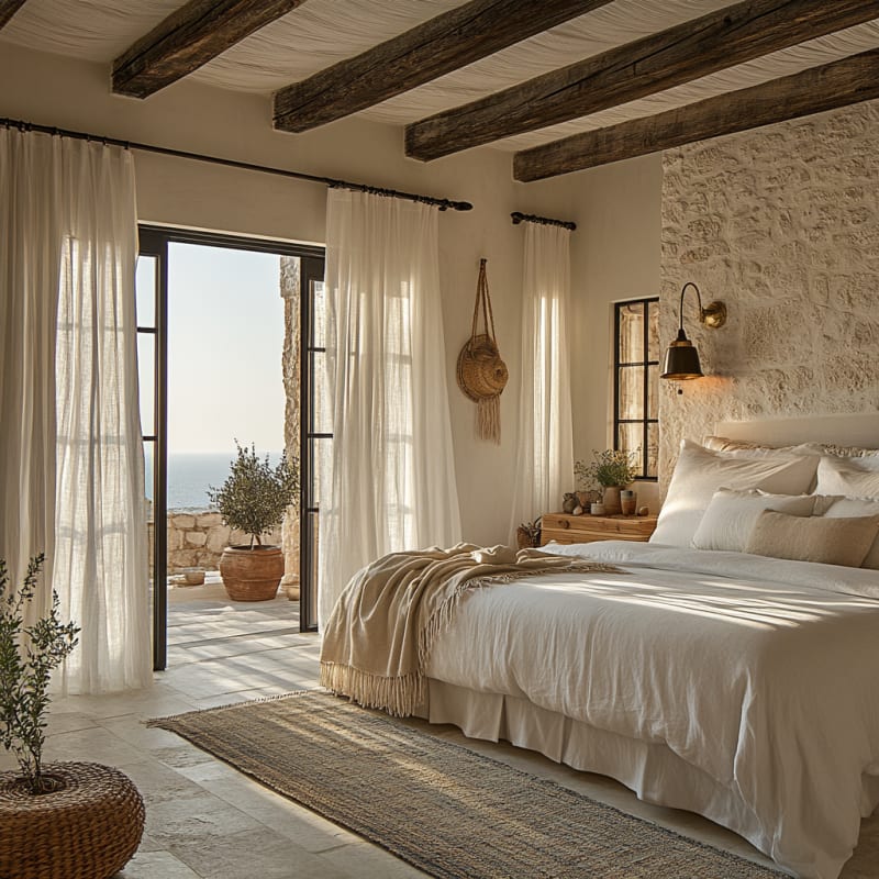 Mediterranean coastal bedroom with exposed wooden beams, sheer curtains, ocean view, and natural textures in neutral palette