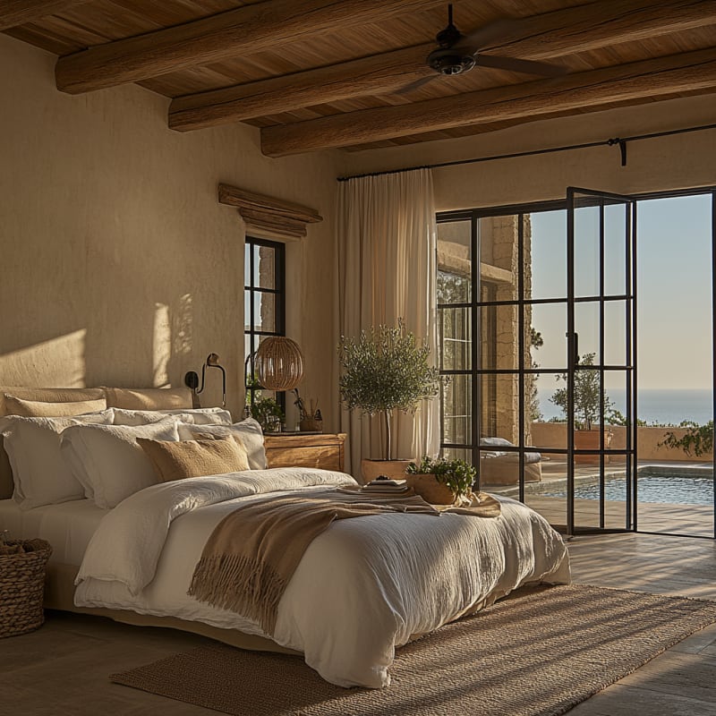 Mediterranean coastal bedroom with exposed wooden beams, steel-frame windows, ocean view, and natural textures in warm sunlight