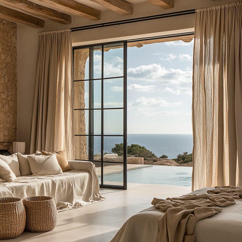 Mediterranean coastal bedroom with infinity pool, ocean view, exposed wooden beams, and natural linen textiles