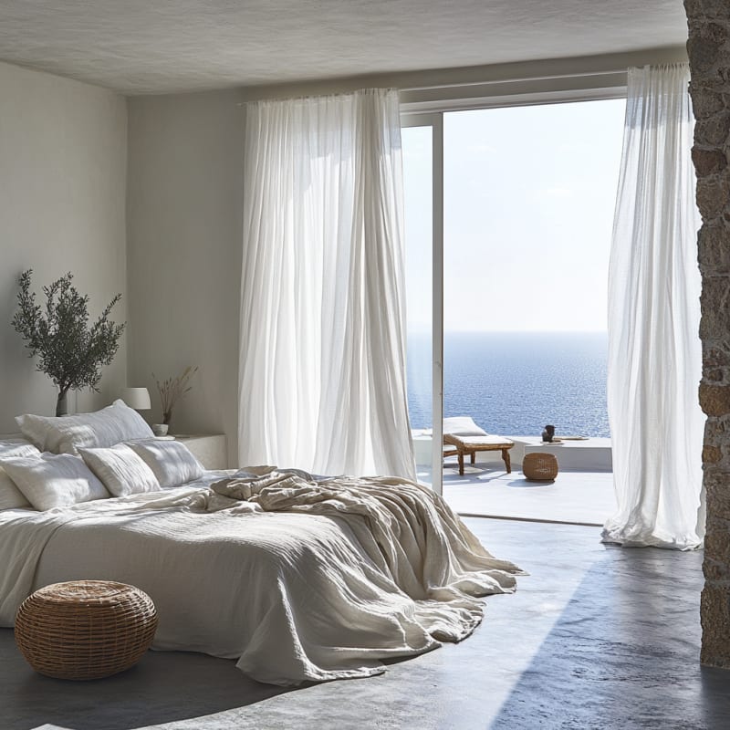 Mediterranean coastal bedroom with ocean view, flowing linen bedding, sheer curtains, and minimal concrete floors