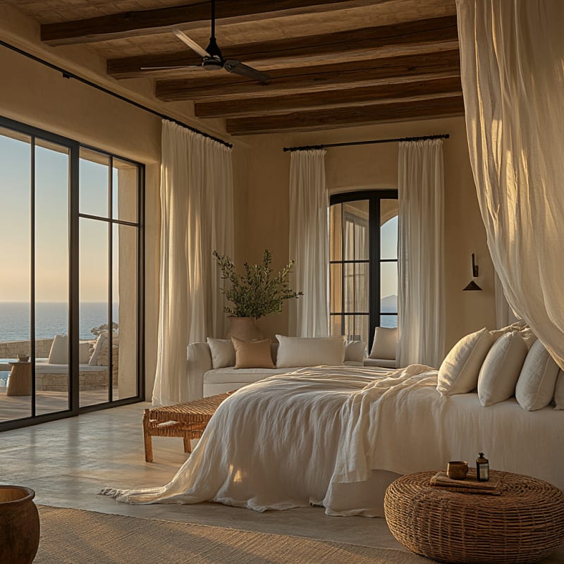 Mediterranean coastal bedroom with ocean view, natural textures, exposed beams, and flowing white curtains at sunset