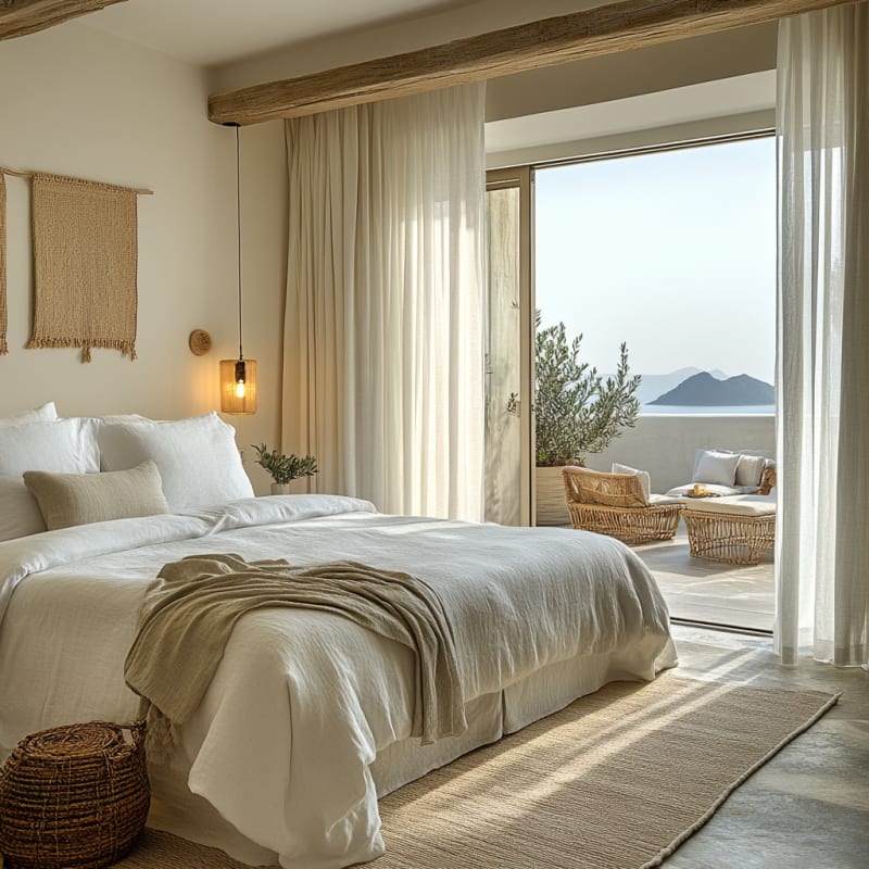 Mediterranean coastal bedroom with ocean view, natural textures, linen bedding, and private terrace overlooking mountains