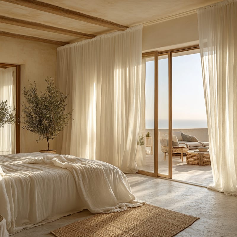 Mediterranean coastal bedroom with ocean view, natural textures, olive tree, and flowing white curtains in warm sunlight