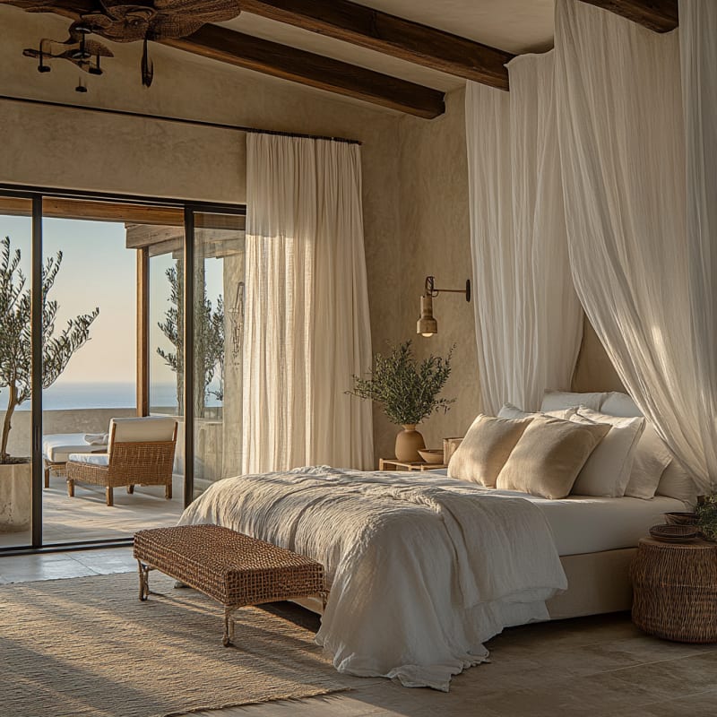 Mediterranean coastal bedroom with ocean view, natural textures, sheer canopy, and rustic beamed ceiling in neutral tones