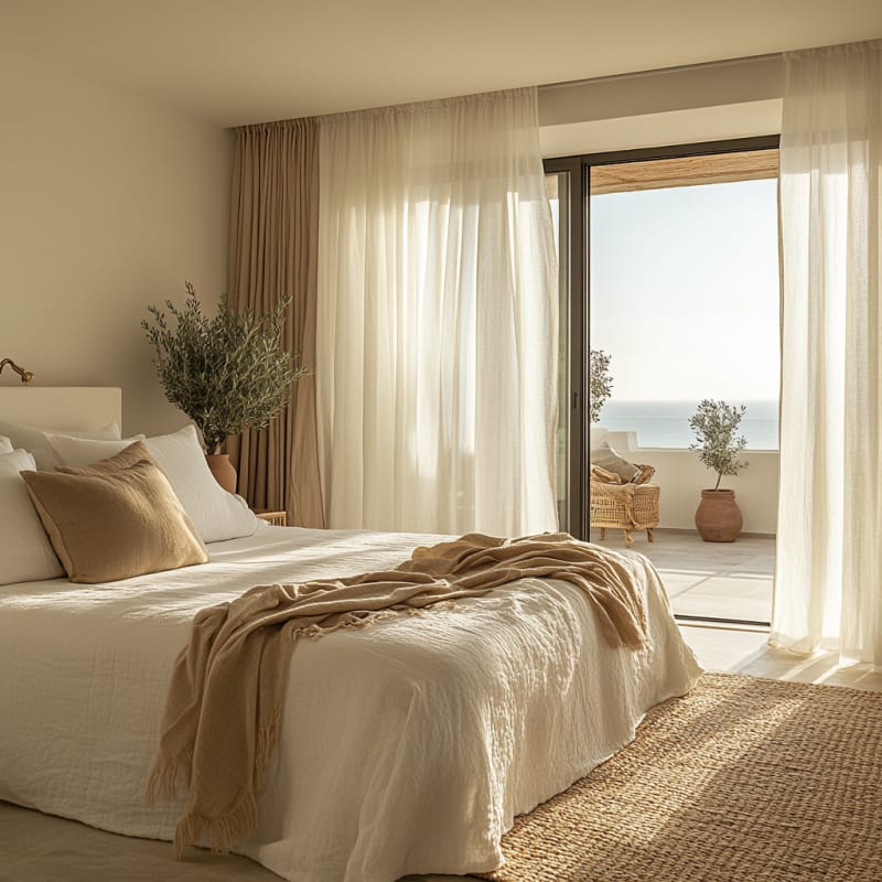 Mediterranean coastal bedroom with ocean view terrace, natural textures, olive trees, and warm sunlit linen bedding