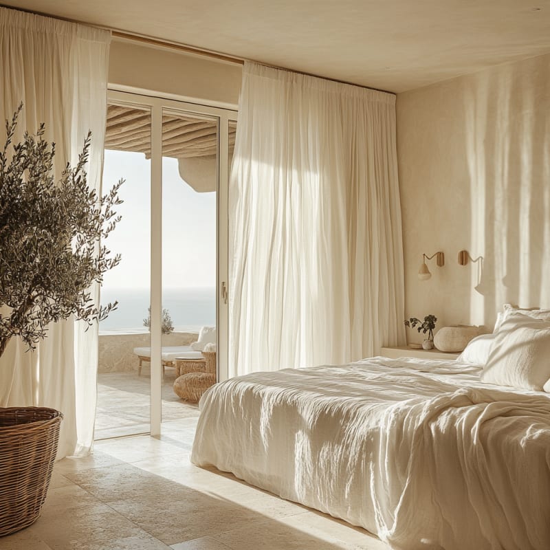 Mediterranean coastal bedroom with olive tree, white linen bedding, ocean view terrace, and natural textures