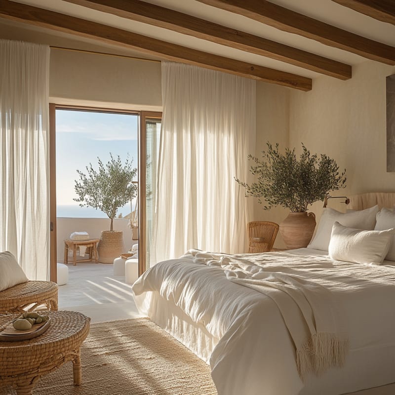 Mediterranean coastal bedroom with olive trees, natural textures, exposed beams, and ocean view terrace in warm sunlight