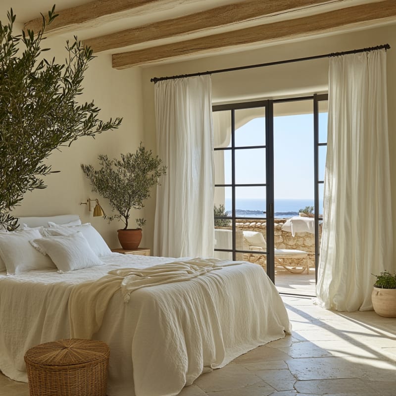 Mediterranean coastal bedroom with olive trees, steel-frame doors, natural stone floors, and ocean view terrace