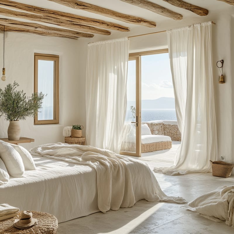 Mediterranean coastal bedroom with rustic wooden beams, flowing white linens, and panoramic ocean view through French doors