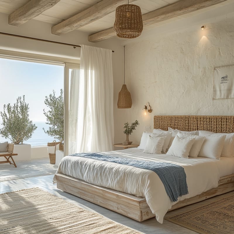 Mediterranean coastal bedroom with whitewashed walls, woven textures, exposed beams, and ocean view through floor-to-ceiling windows
