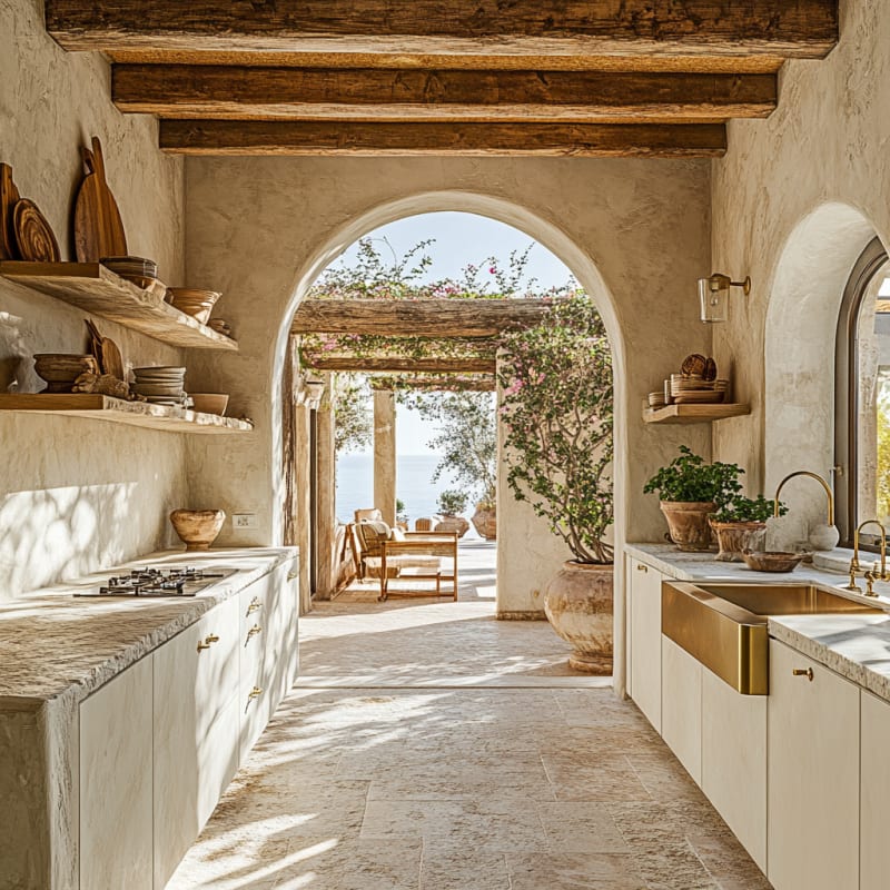 Mediterranean coastal kitchen with arched stone windows, wooden beams, and golden brass accents overlooking sea view