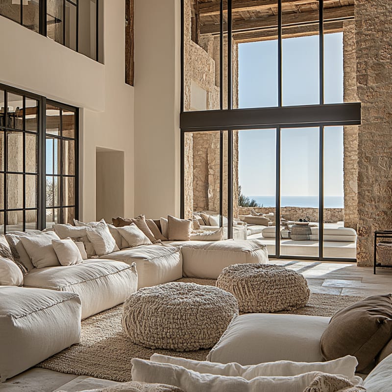 Mediterranean coastal living room with double-height windows, exposed stone walls, and oversized cloud-like sofa overlooking sea views