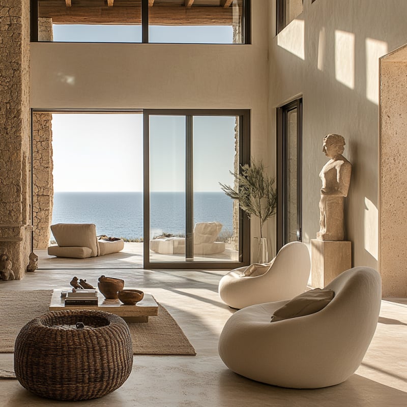 Mediterranean coastal living room with ocean view, sculptural furniture, stone walls, and natural sunlight creating zen atmosphere