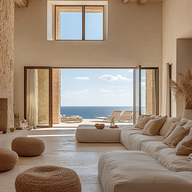 Mediterranean coastal living room with panoramic ocean view, oversized sectional sofa, and natural woven poufs in warm neutral tones