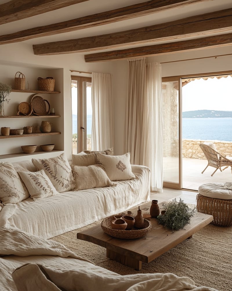 Mediterranean coastal living room with rustic beams, natural textures, linen furnishings, and ocean view through stone archways