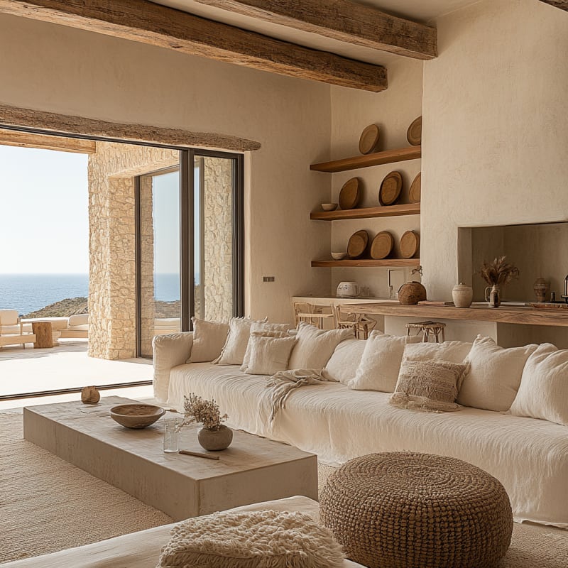 Mediterranean coastal living room with rustic beams, stone walls, linen sofa, and artisanal ceramics overlooking ocean views