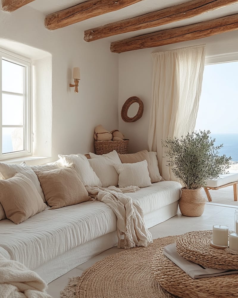 Mediterranean coastal living room with rustic wood beams, white linen sofa, jute accents, and ocean view through deep-set windows
