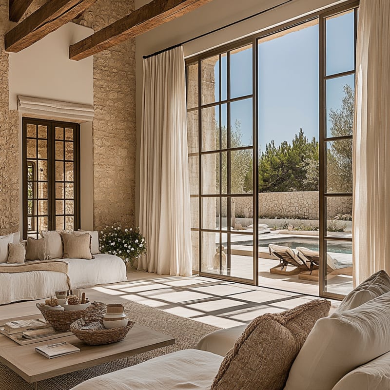 Mediterranean coastal living room with rustic wooden ceiling, white linen sofa, and panoramic sea view through wooden-framed windows