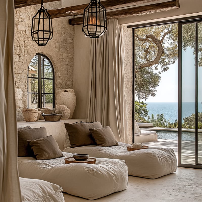 Mediterranean coastal living room with stone walls, floor cushions, arched windows, and ocean view through olive trees