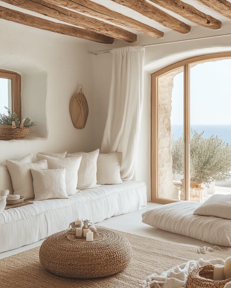 Mediterranean coastal living room with exposed wooden beams, white textured sofa, and ocean view through arched window