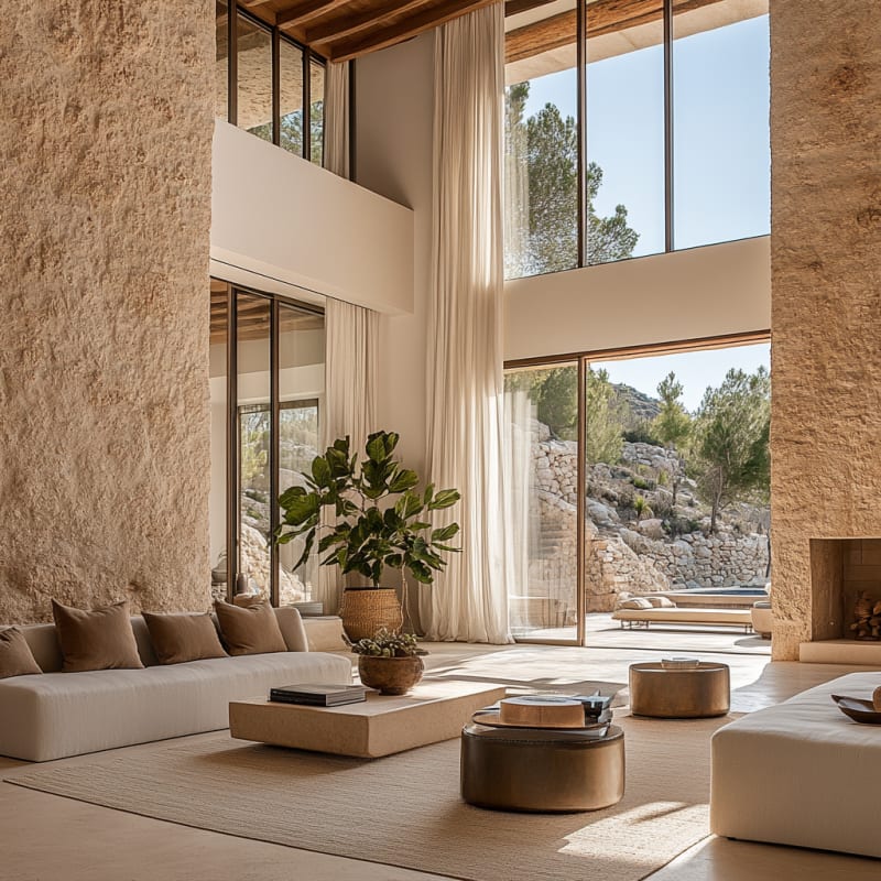 Mediterranean double-height living room with textured stone walls, floor-to-ceiling windows, and mountain views in neutral earth tones