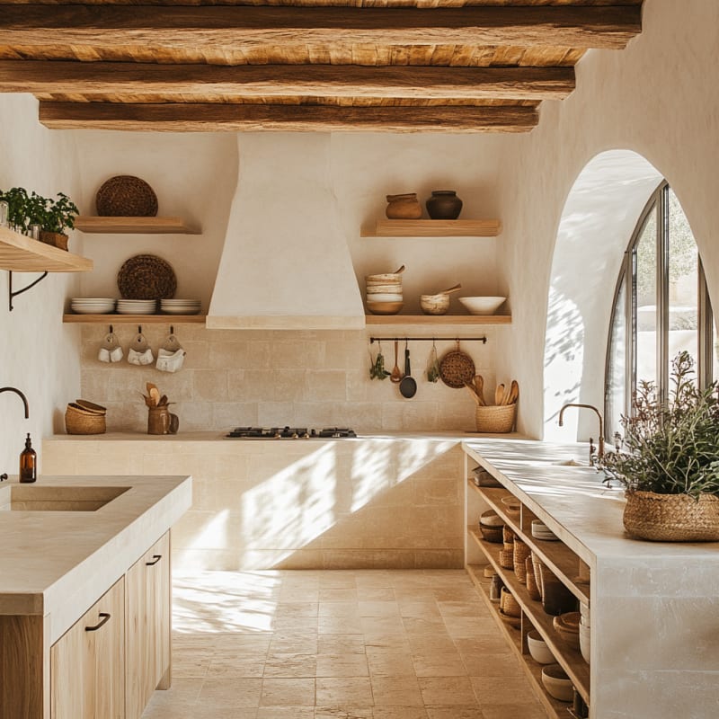 Mediterranean-inspired kitchen with rustic wooden beams, arched window, and warm neutral color palette with natural textures