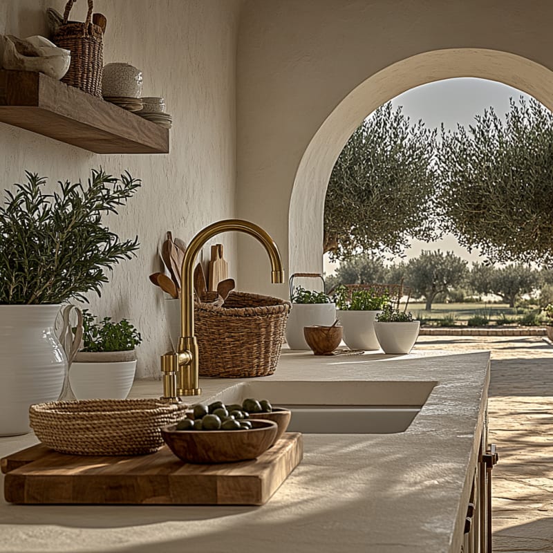 Mediterranean kitchen with arched window overlooking olive grove, brass faucet, natural textures, and organic styling