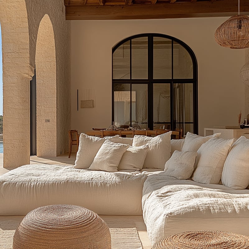 Mediterranean living room with oversized linen sofa, arched steel windows, and natural rattan accents in warm sunlight